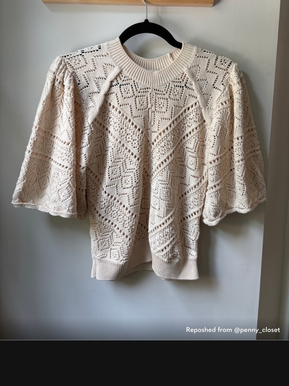 ba&sh Cream Openwork Puff-Sleeve Crewneck Sweater
